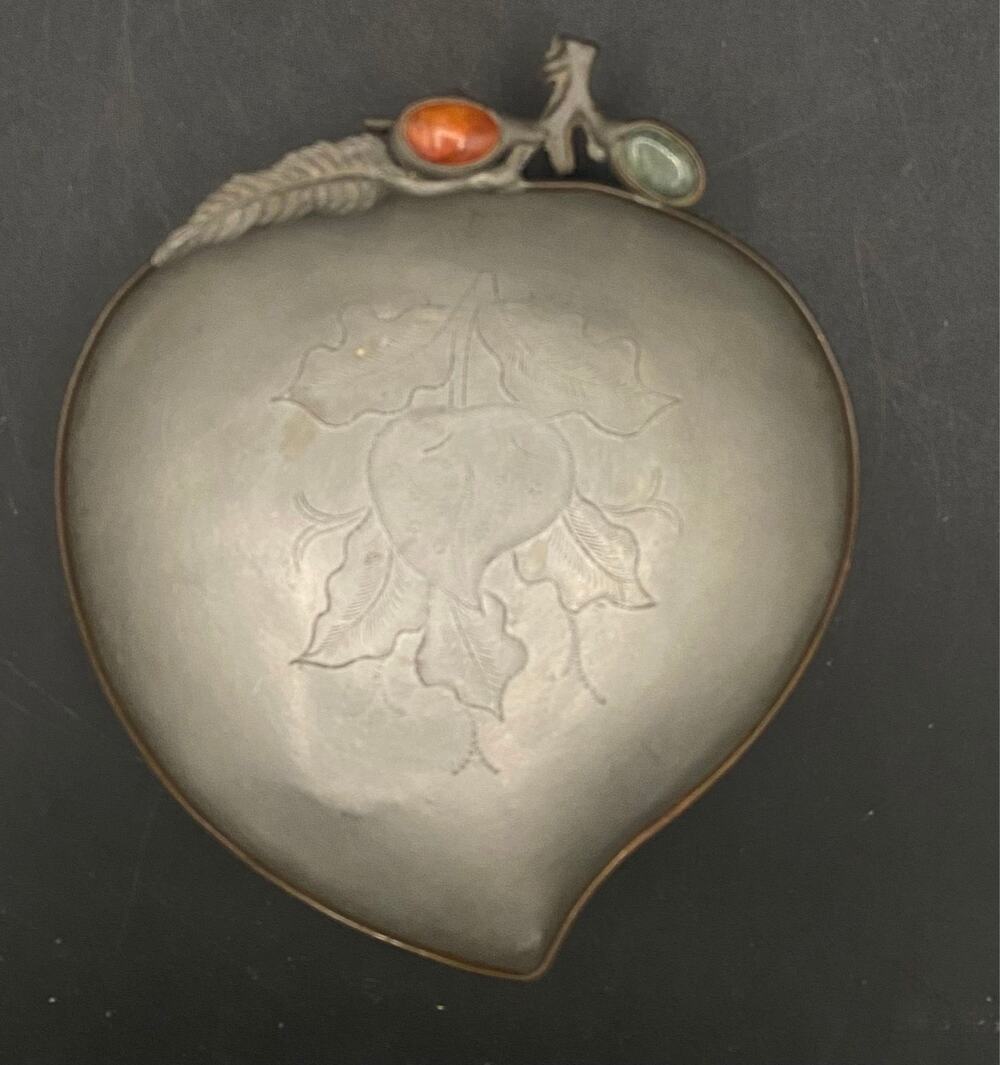Antique Chinese Pewter Trinket Dish Carnelian Jade Inlay Engraved Fruit 19th C.